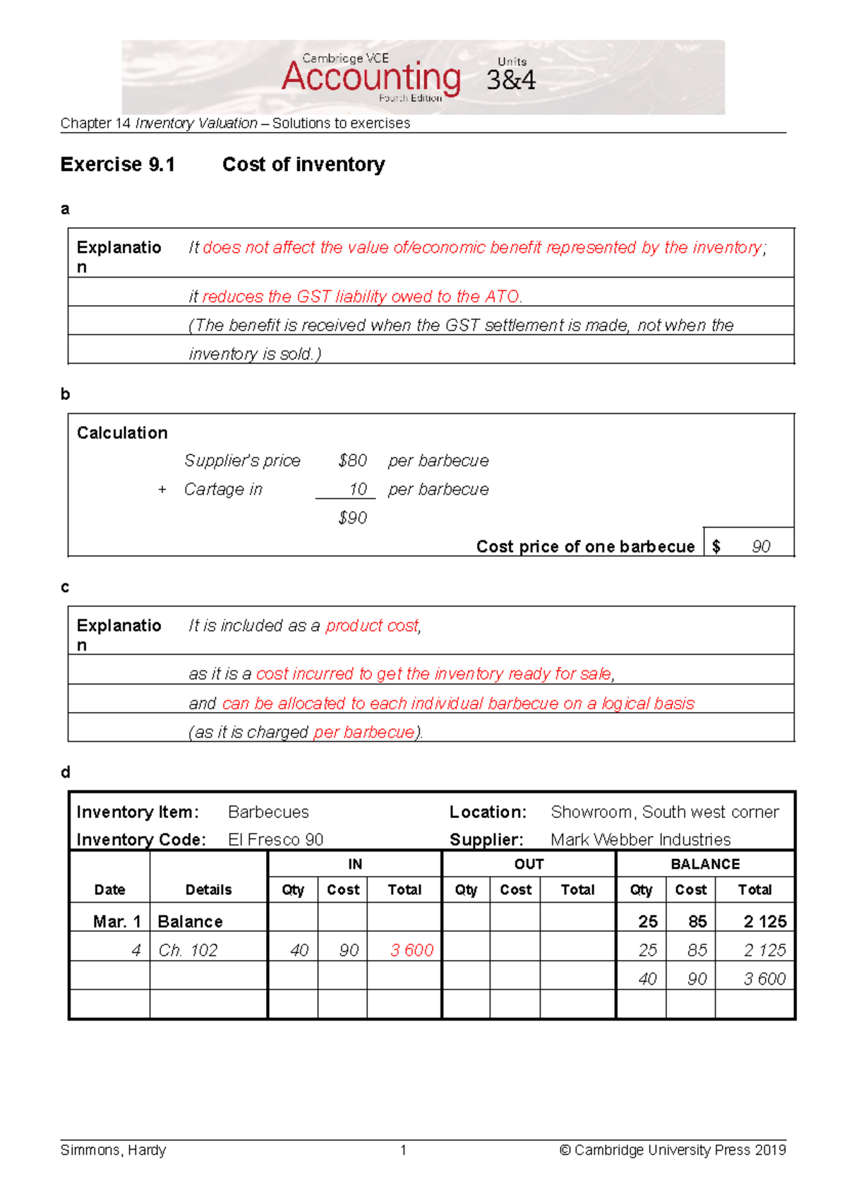 Ch09Inventory Valuation Solutions - Exercise 9 Cost of inventory a ...
