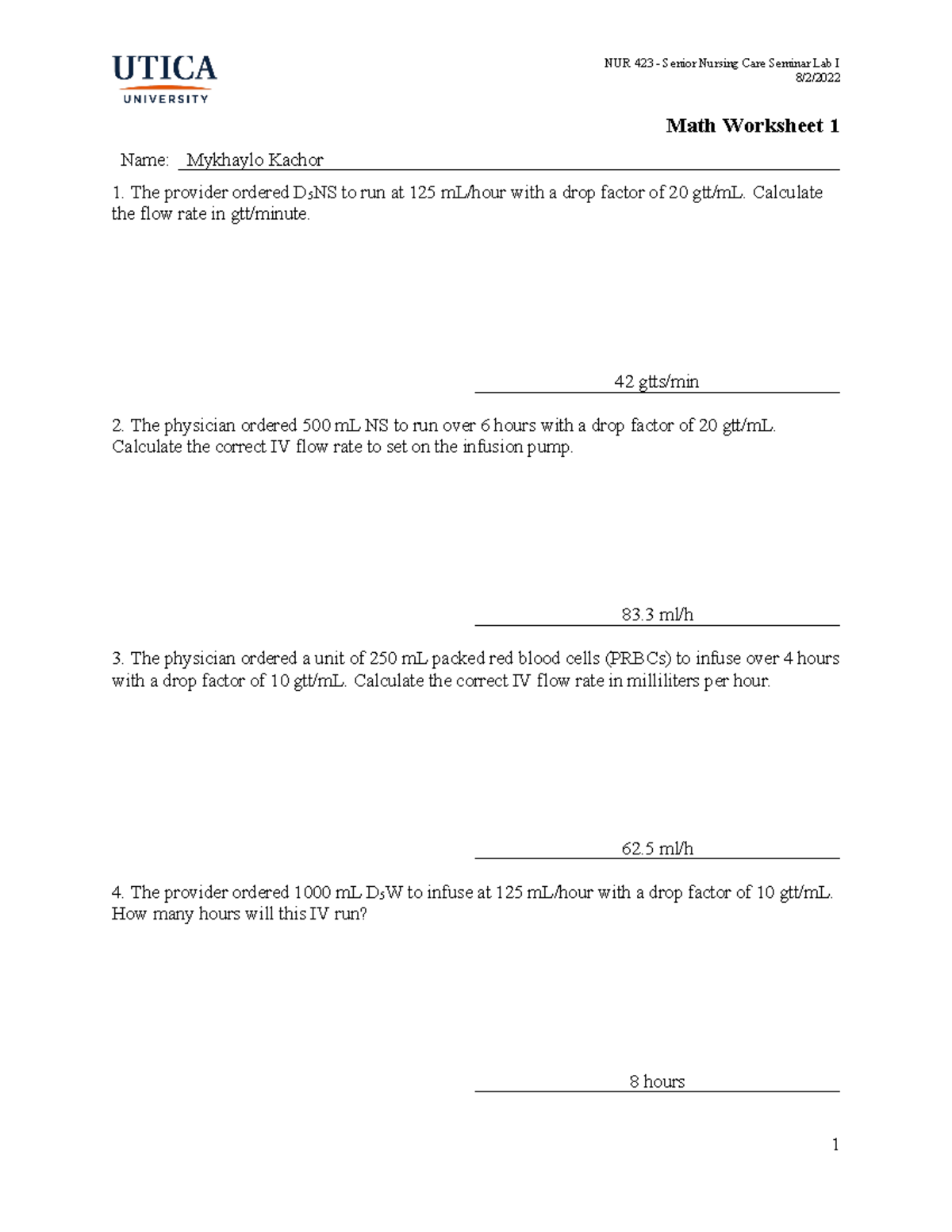 Math Worksheet 1 - med math practice quiz - 8/2/ Math Worksheet 1 Name ...