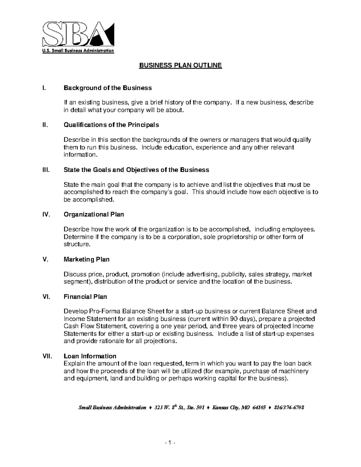 SBA Business Plan Outline ( Cover all the element that needed in ...