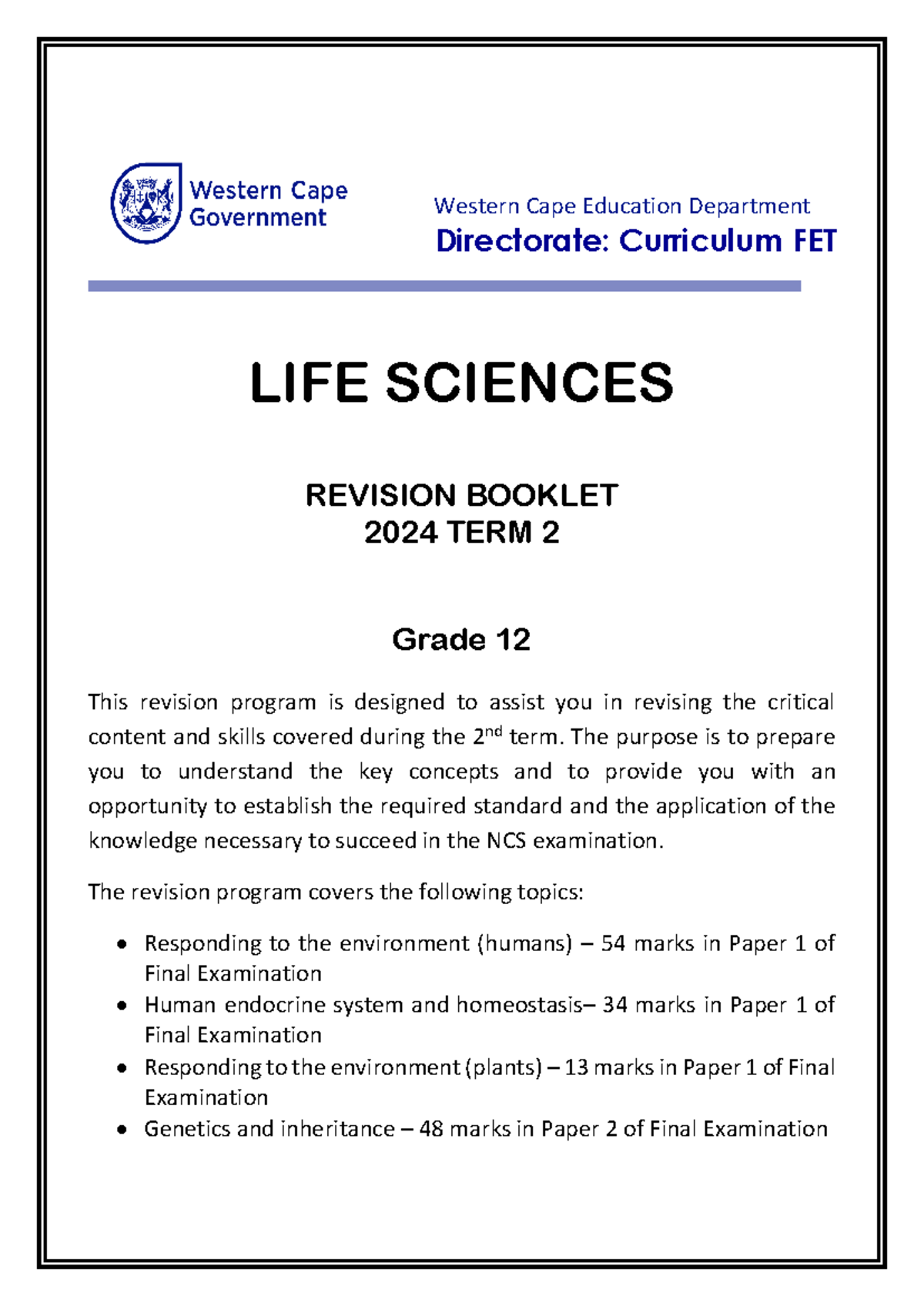 Life Sciences Revision material Grade 12 Term 2 2024 - Western Cape ...