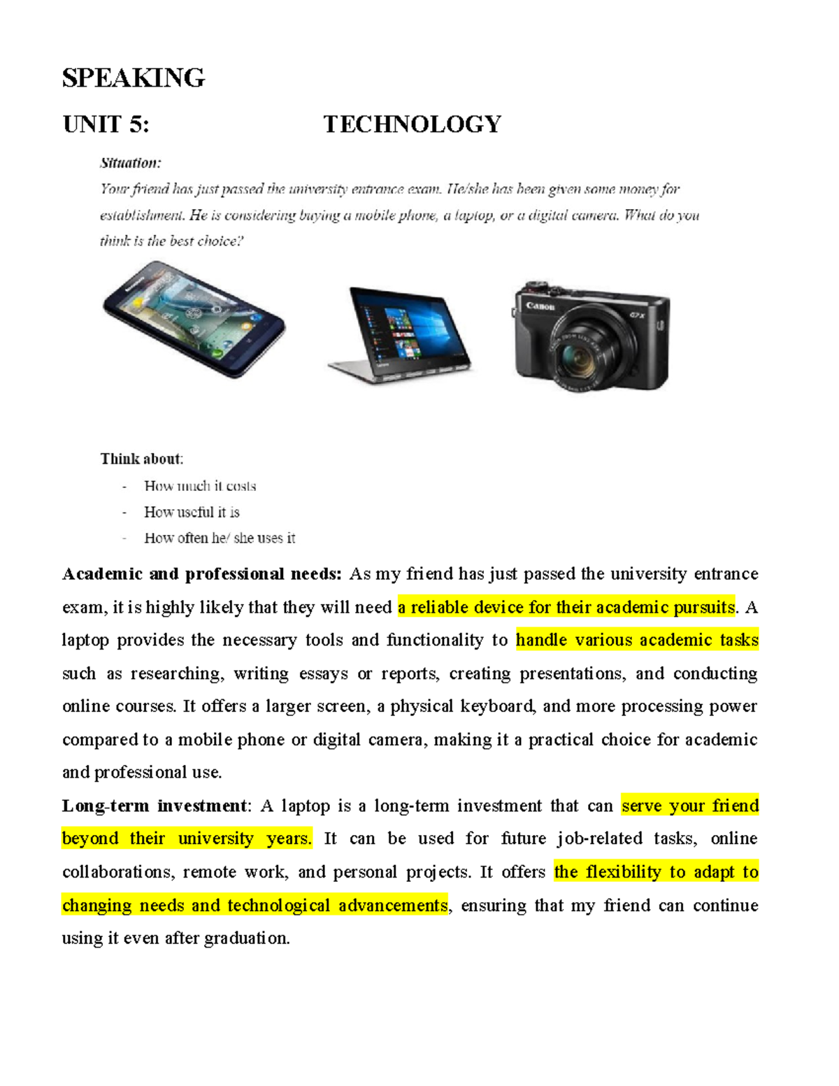 Speaking - SPEAKING UNIT 5: TECHNOLOGY Academic and professional needs ...