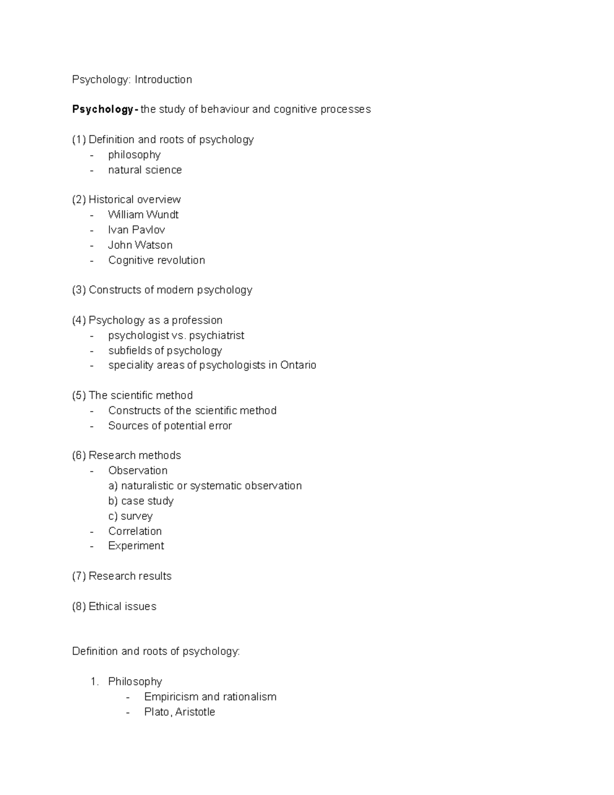 Introduction to psych - Lecture notes lectures reading up to first test ...