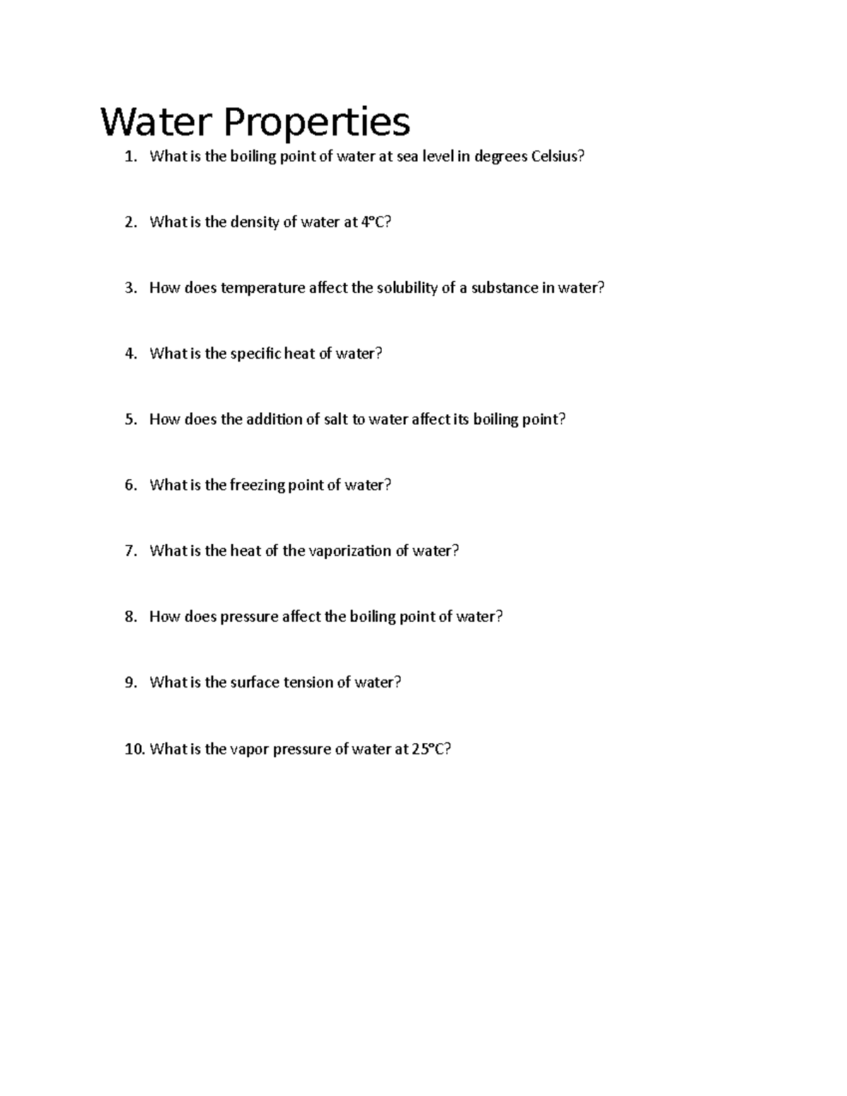 Water Properties selfmade chemistry worksheet Water Properties 1