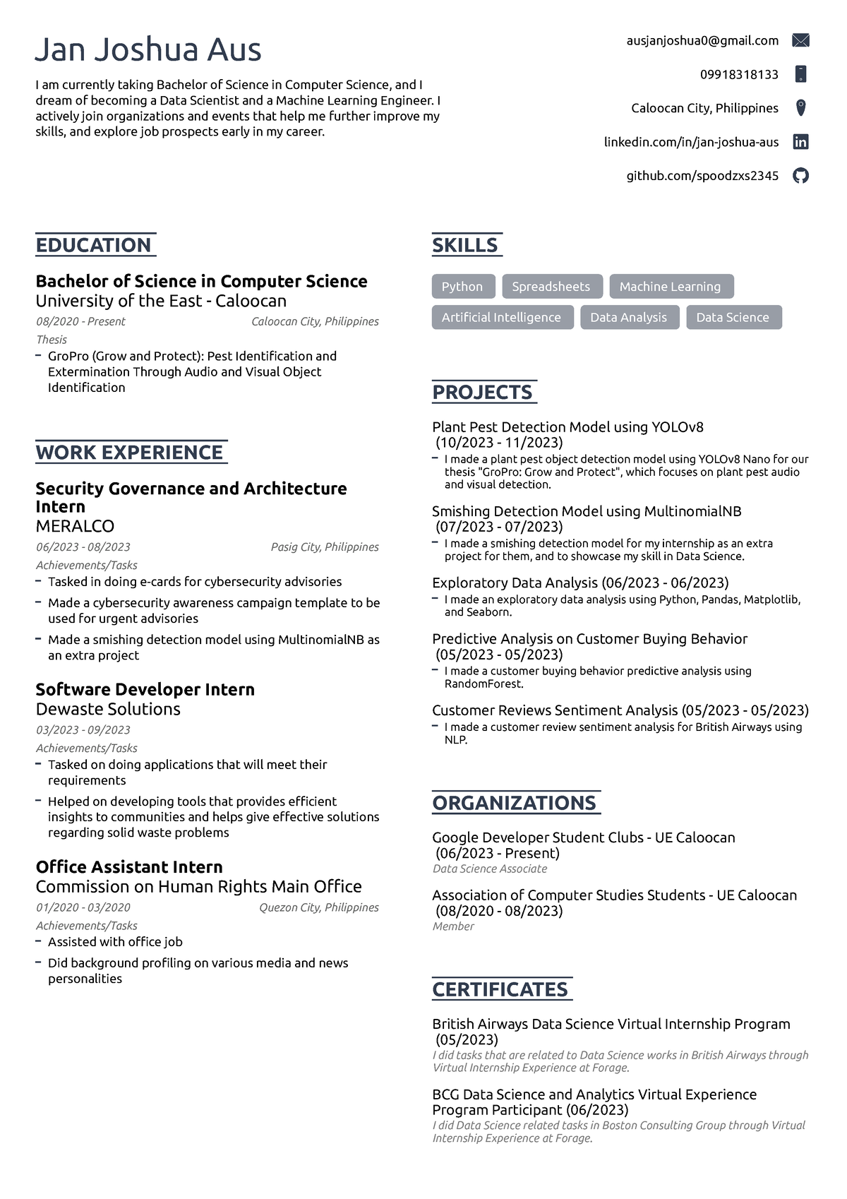 Aus Resume - test - Jan Joshua Aus I am currently taking Bachelor of ...