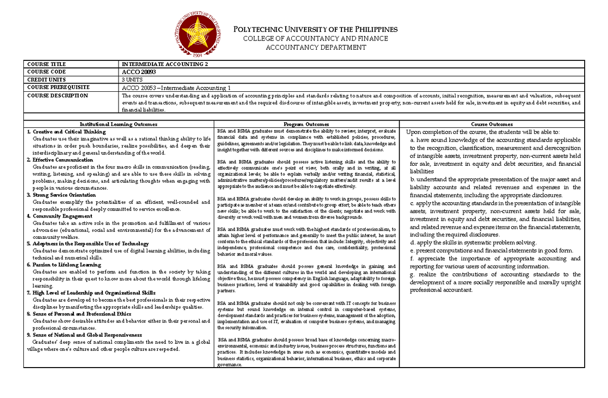 SyllabusACCO2009 3 IntermediateAccounting2 POLYTECHNIC UNIVERSITY