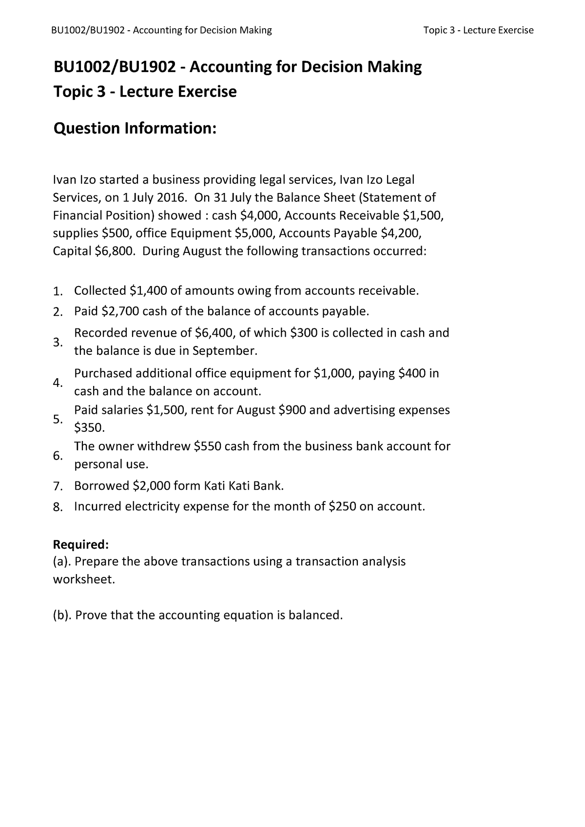 BU1002 Topic 03 Lecture Exercise Question - BU1002/BU1902 - Accounting ...