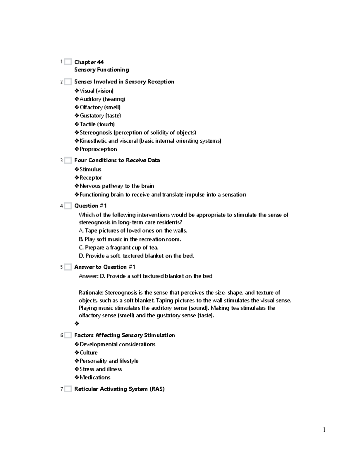 Chapter 44 - Test Material - Chapter 44 Sensory Functioning Senses ...