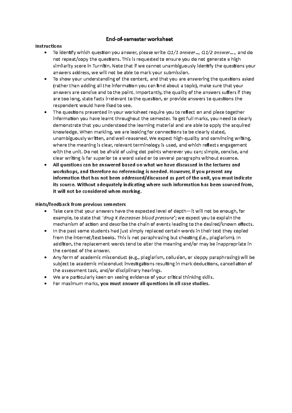 Worksheet BIO122 - End-of-semester worksheet Instructions - To identify ...