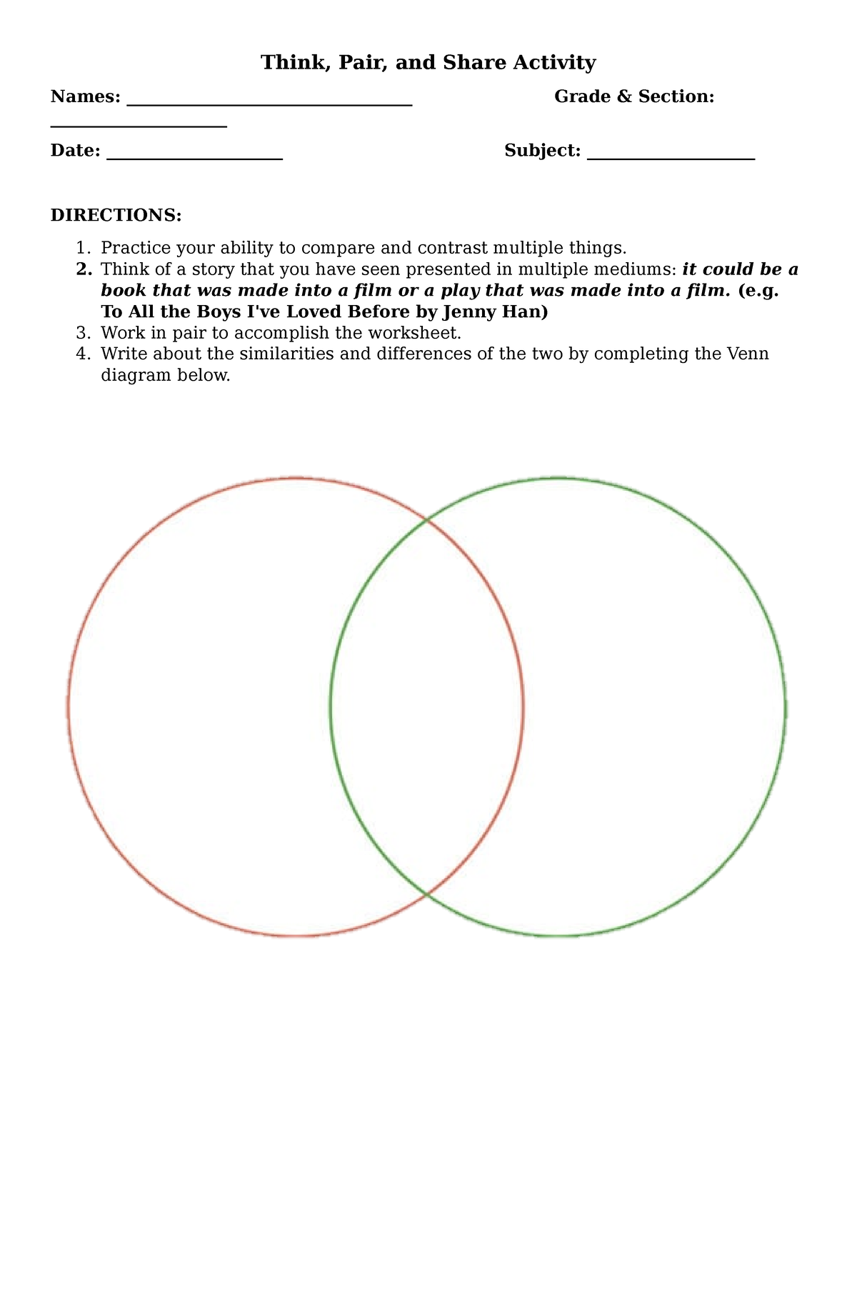 Grade 10 worksheet - BSED- English (ELT321) - Edit - Think, Pair, and ...