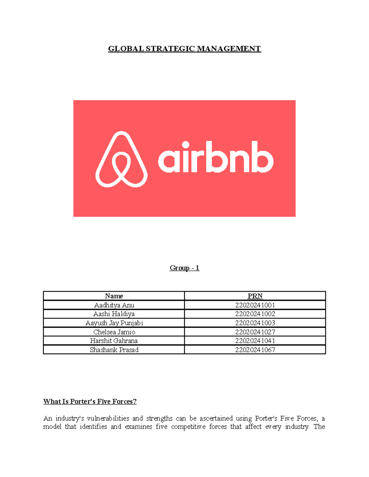 Airbnb X Porter Group 1 GLOBAL STRATEGIC MANAGEMENT Group 1 Name