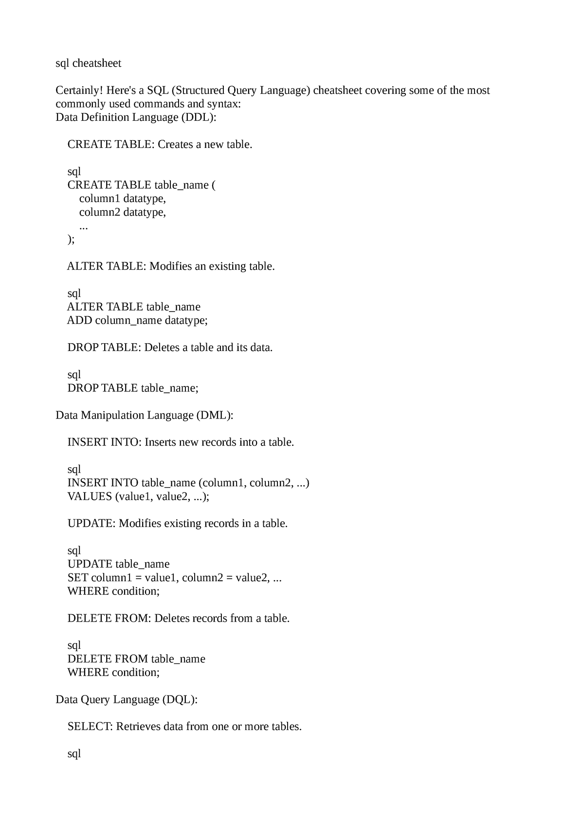 Database SQL - sql cheatsheet Certainly! Here's a SQL (Structured Query ...