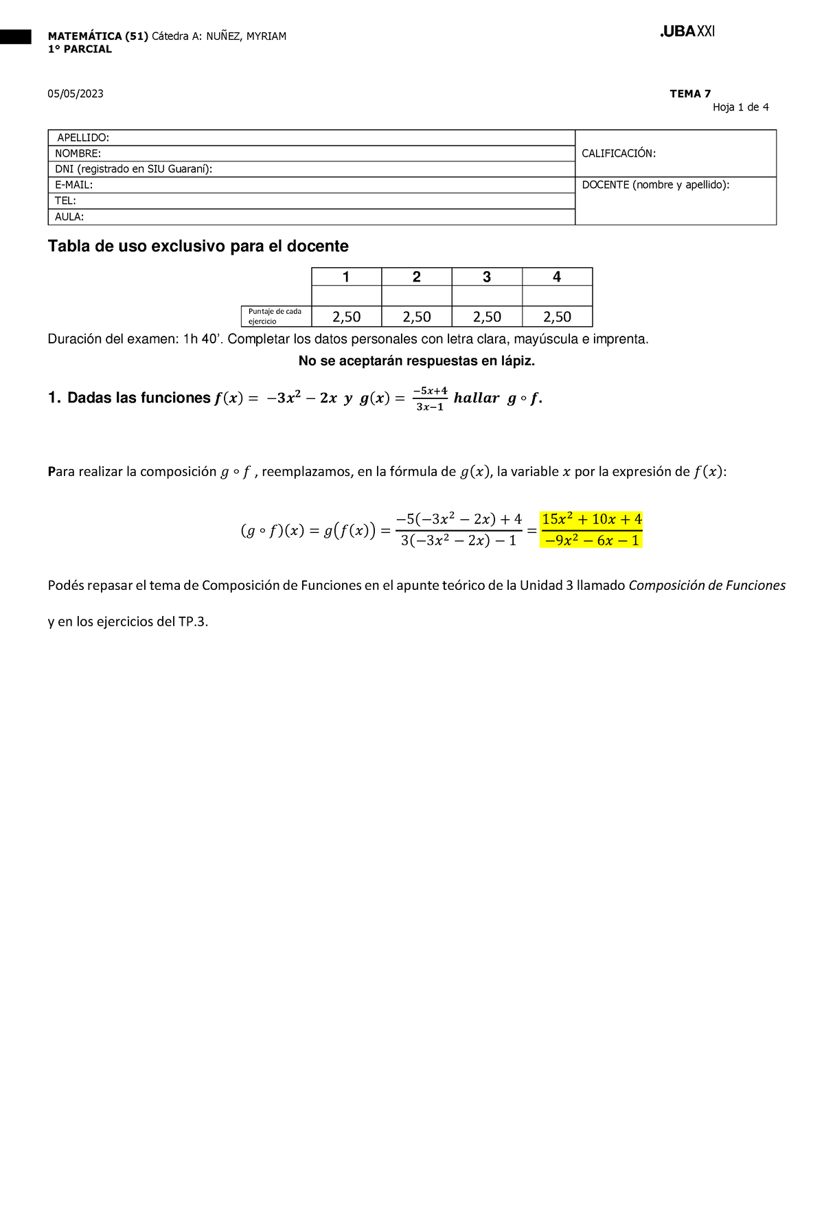 Respuestas - Primer Parcial Matematica 51 Segundo Turno TEMA 7 05-05 ...