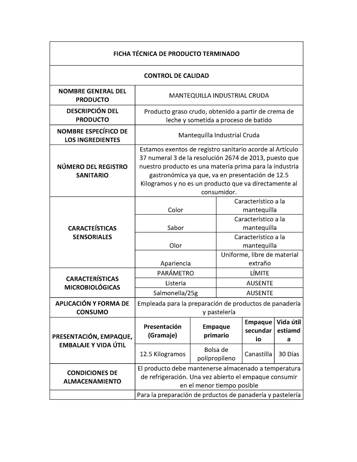 Ficha Técnica De Producto Terminado Mantequilla 1 Ficha T De Producto Terminado Control De 5508