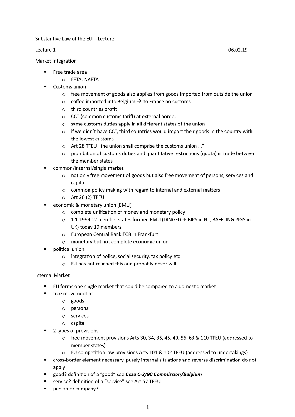 Lecture Notes Substantive Law - Substantive Law of the EU – Lecture ...