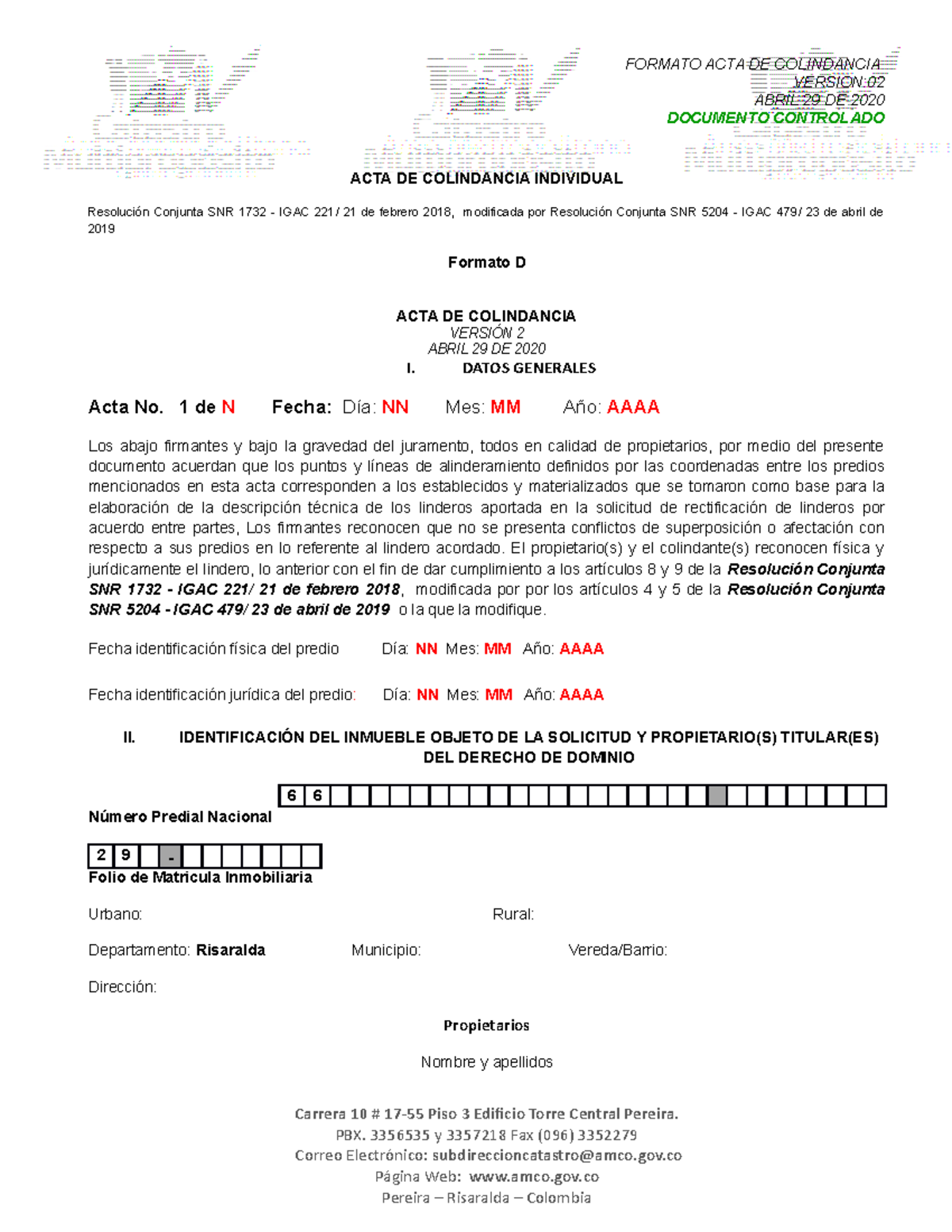 Formato D Acta de Colindancia v2 VERSION ABRIL 29 DE 2020 DOCUMENTO