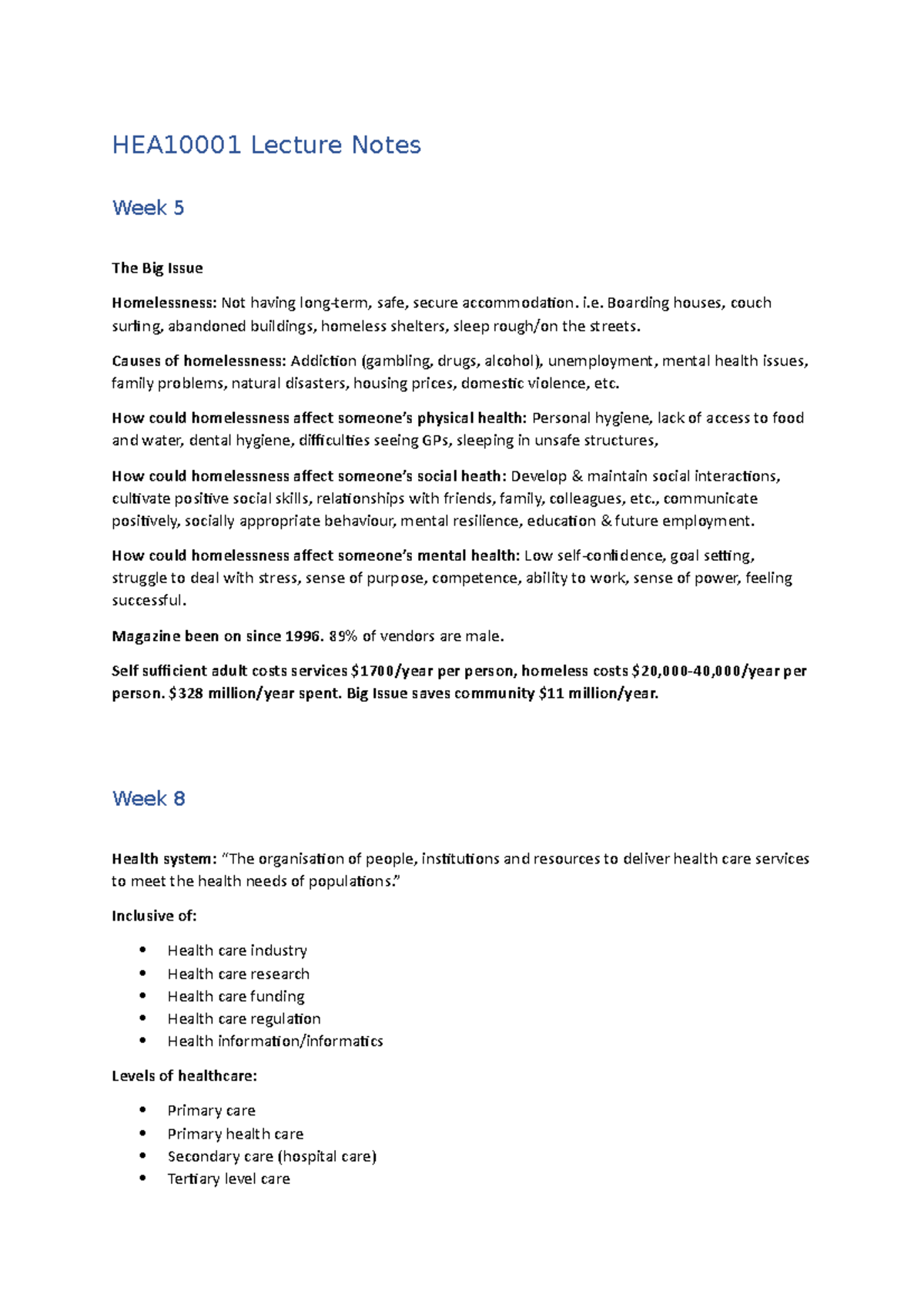 HEA10001 Lecture Notes - HEA10001 Lecture Notes Week 5 The Big Issue ...