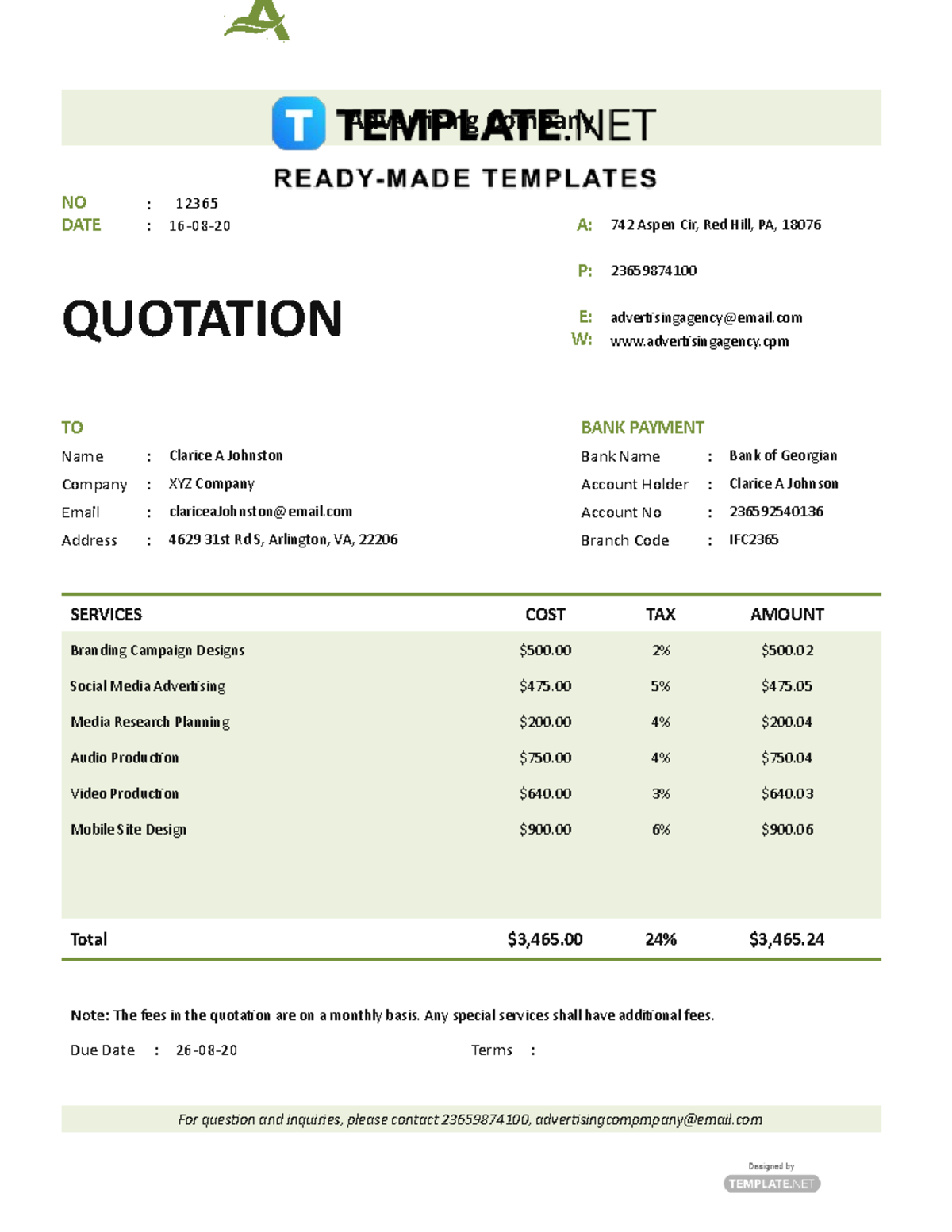 Advertising Agency quotation - Advertising Company NO : 12365 DATE : 16 ...