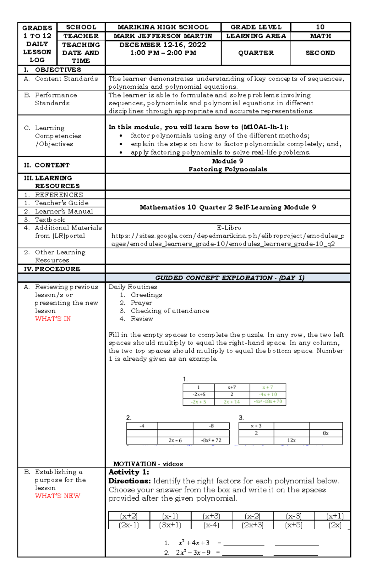 DLL-MATH-10 - Daily Lesson Log in Mathematics - ####### GRADES ...