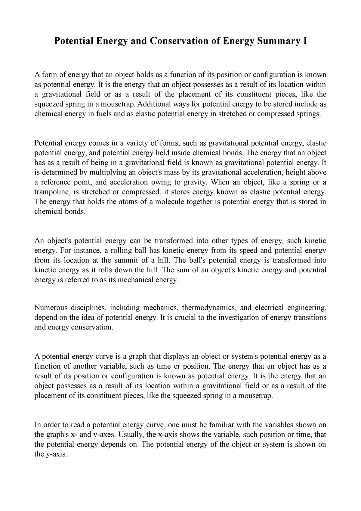 Potential Energy And Conservation Of Energy Summary 1 - It Is The ...