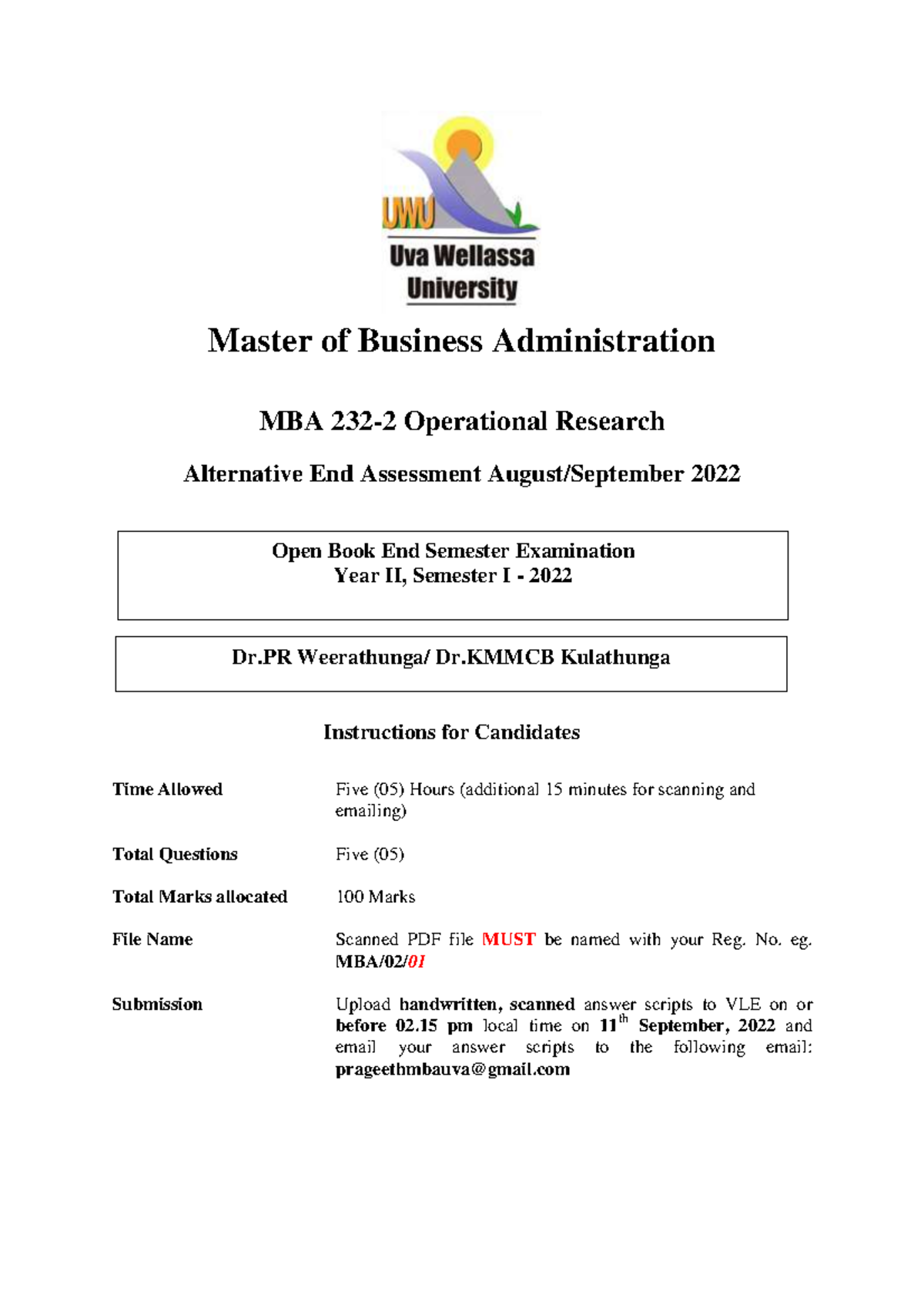MBA OR Final Assesment N - Master of Business Administration MBA 232-2 ...