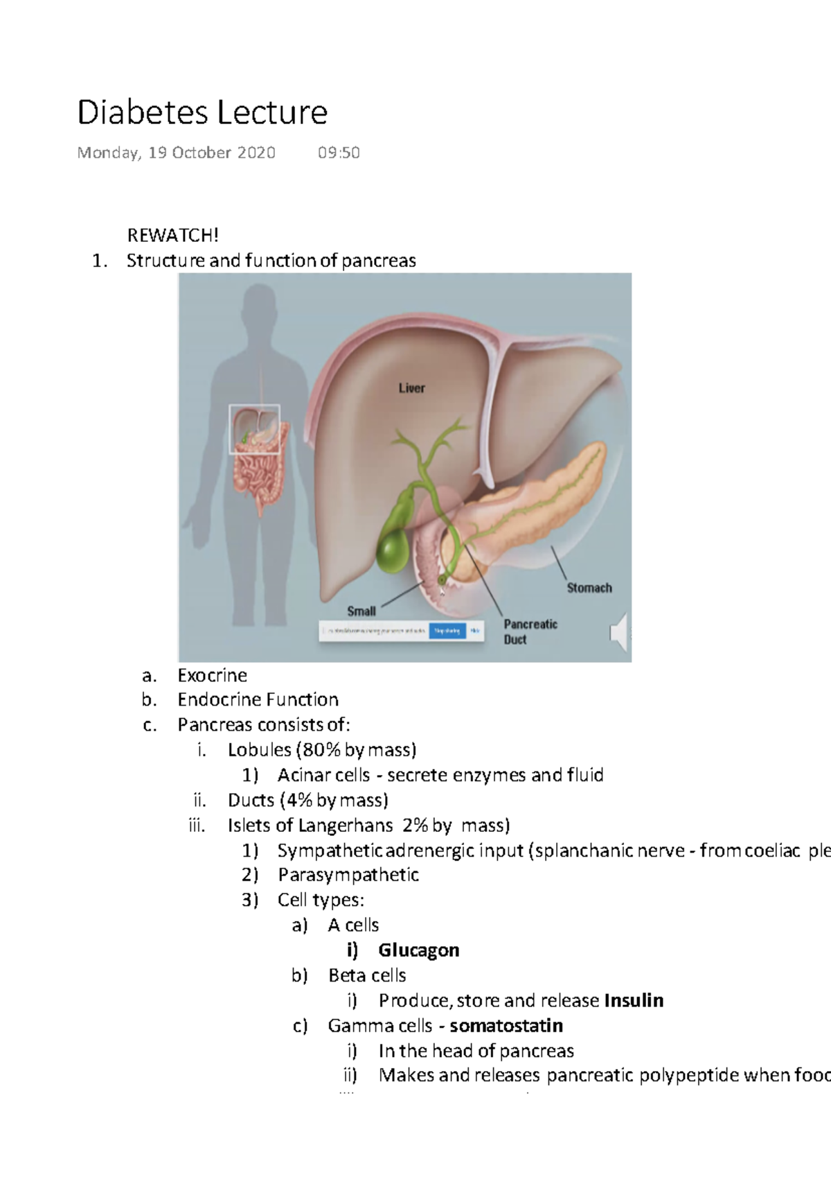 Week 5 - Diabetes Lecture - REWATCH! Structure and function of pancreas ...