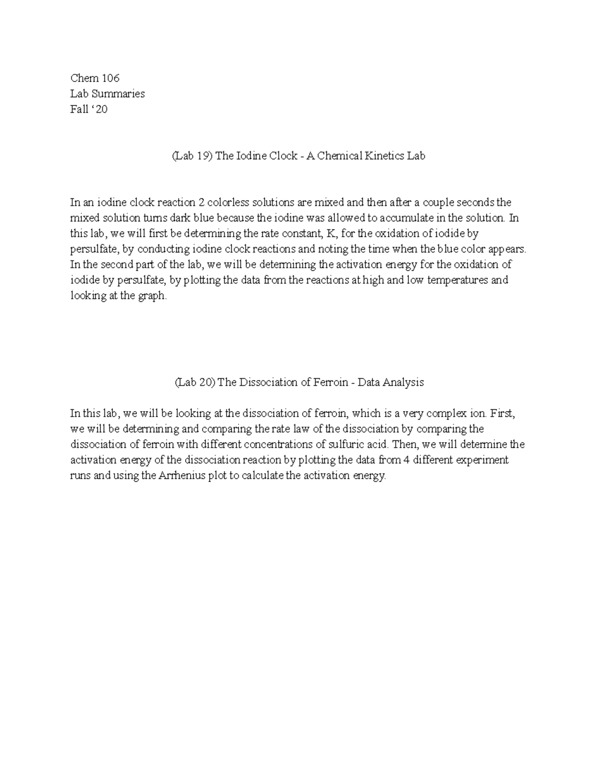 Chem 106 Lab Summaries 19 and 20 Chem 106 Lab Summaries Fall ‘ (Lab