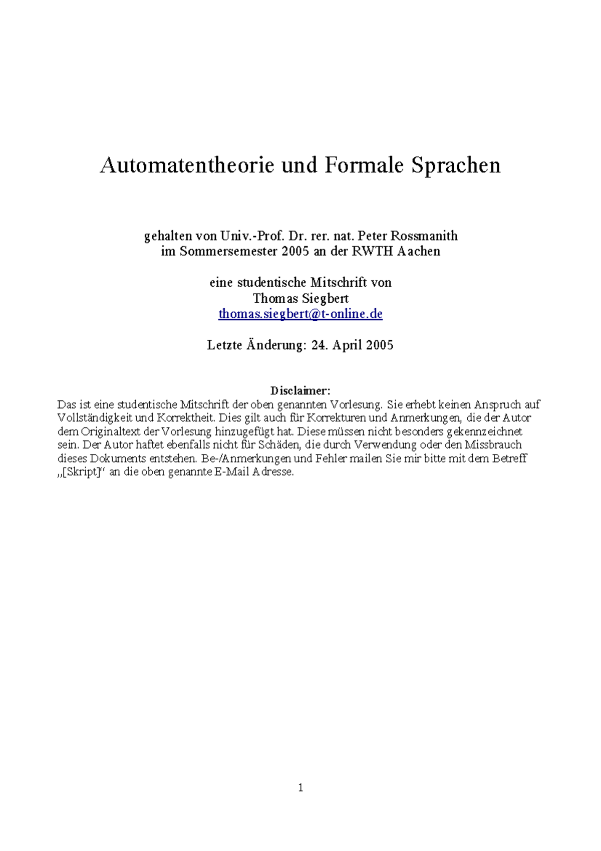 Automatentheorie - Mitschrift - Automatentheorie Und Formale Sprachen ...