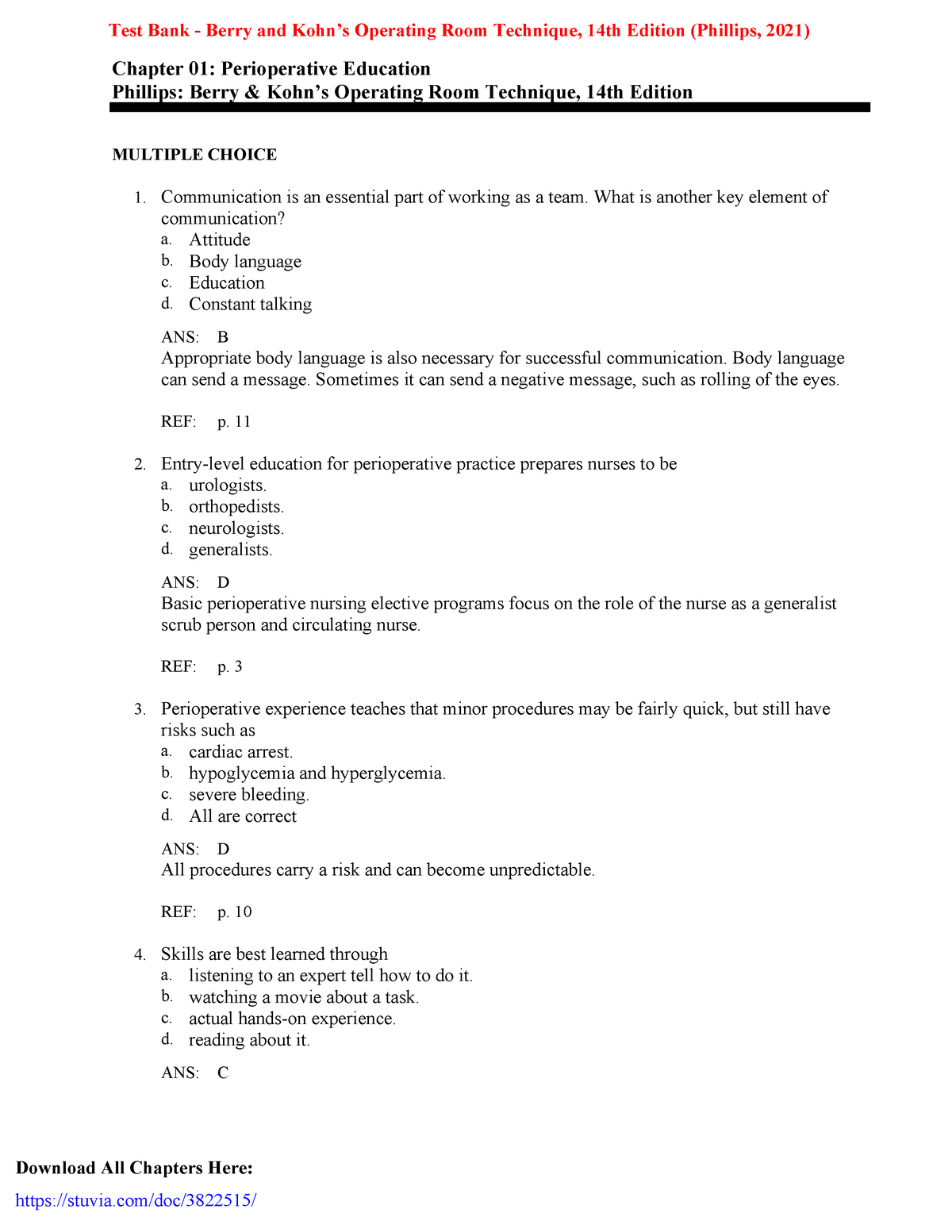 Test Bank - Berry And Kohn’s Operating Room Technique, 14th Edition 