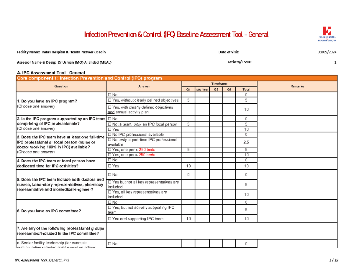 IPC assessmnet tool Final - Q-1 Badin - Facility Name: Indus Hospital ...