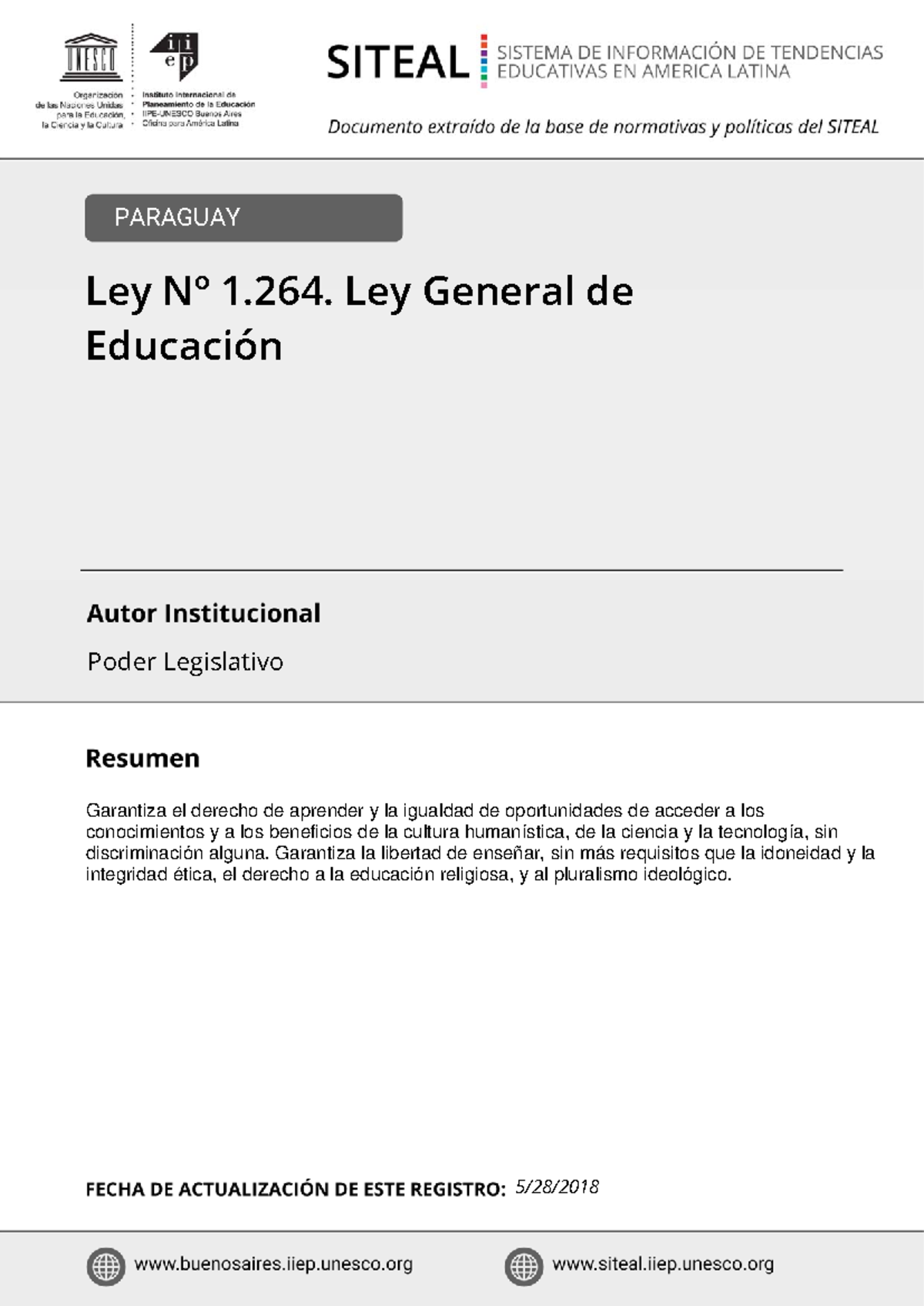 Ley General De Educación 1264 - PARAGUAY Poder Legislativo Garantiza El ...