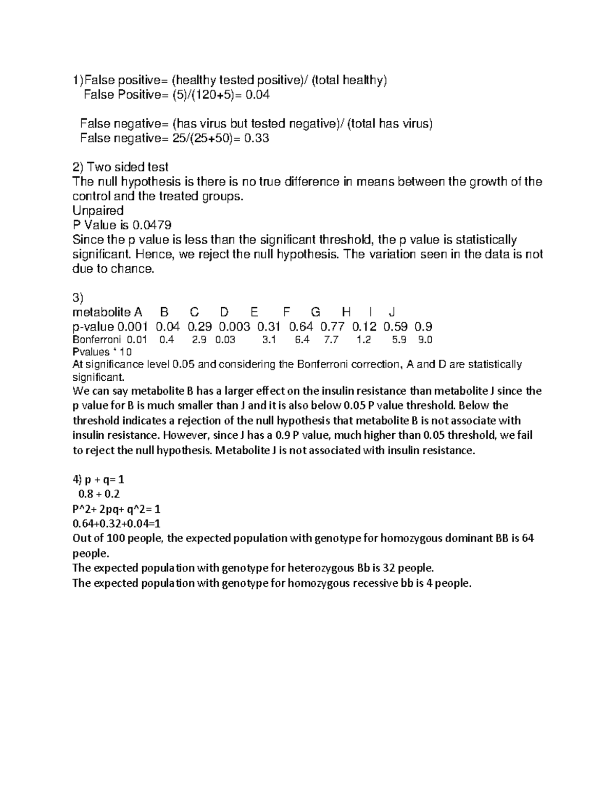 Stats HW 4 - Statistics for biology homework 4 - 1)False positive ...