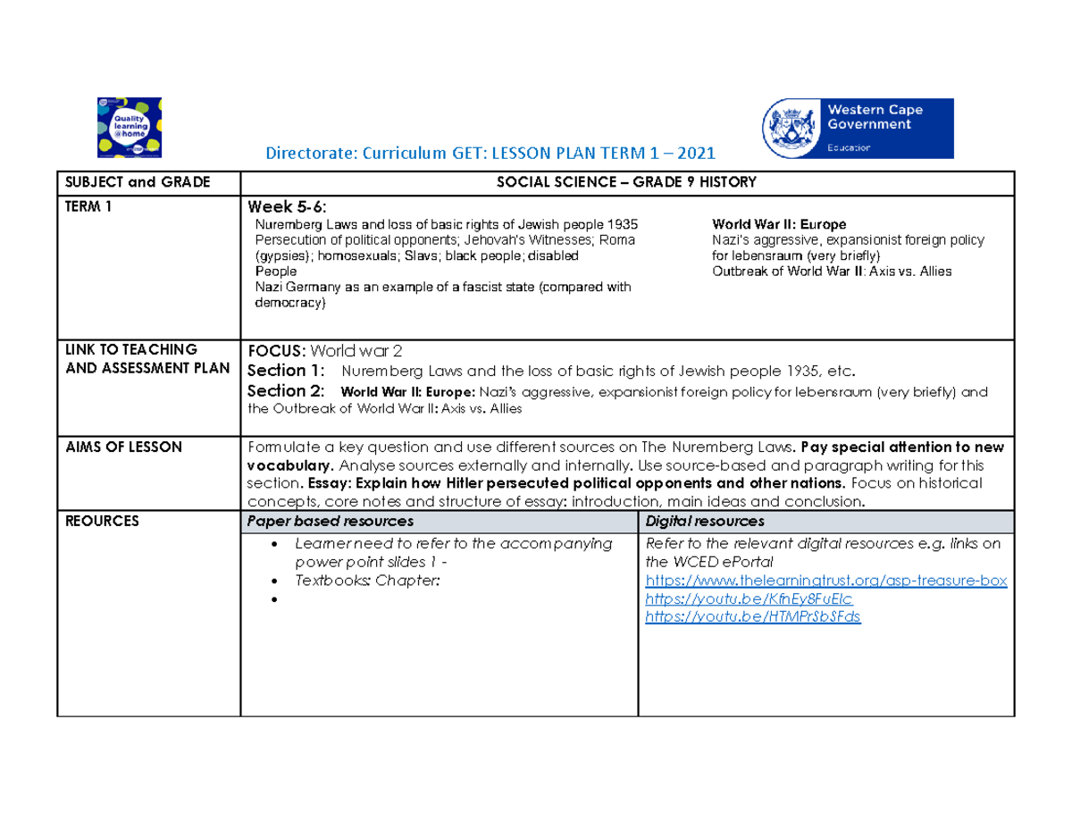 Lesson Plan SP Grade 9 SS History T1 W3 - Directorate: Curriculum GET ...