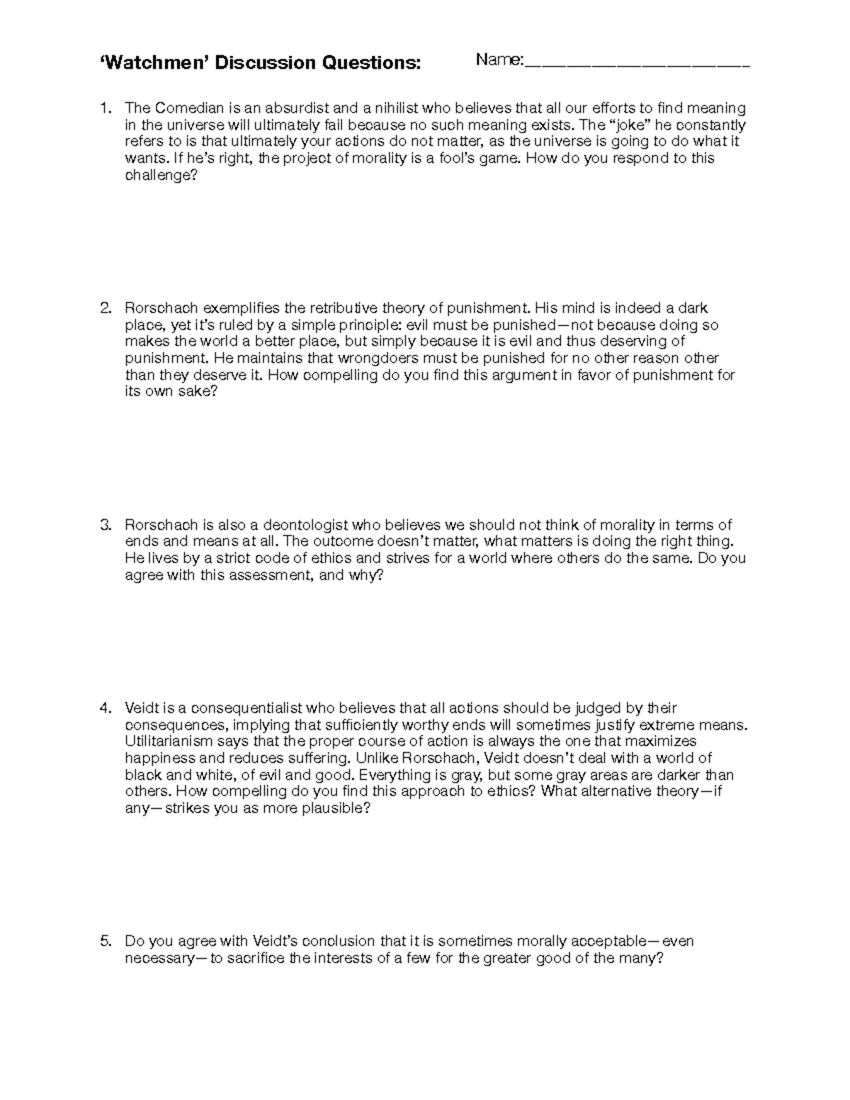 Watchmen questions ‘Watchmen’ Discussion Questions Name