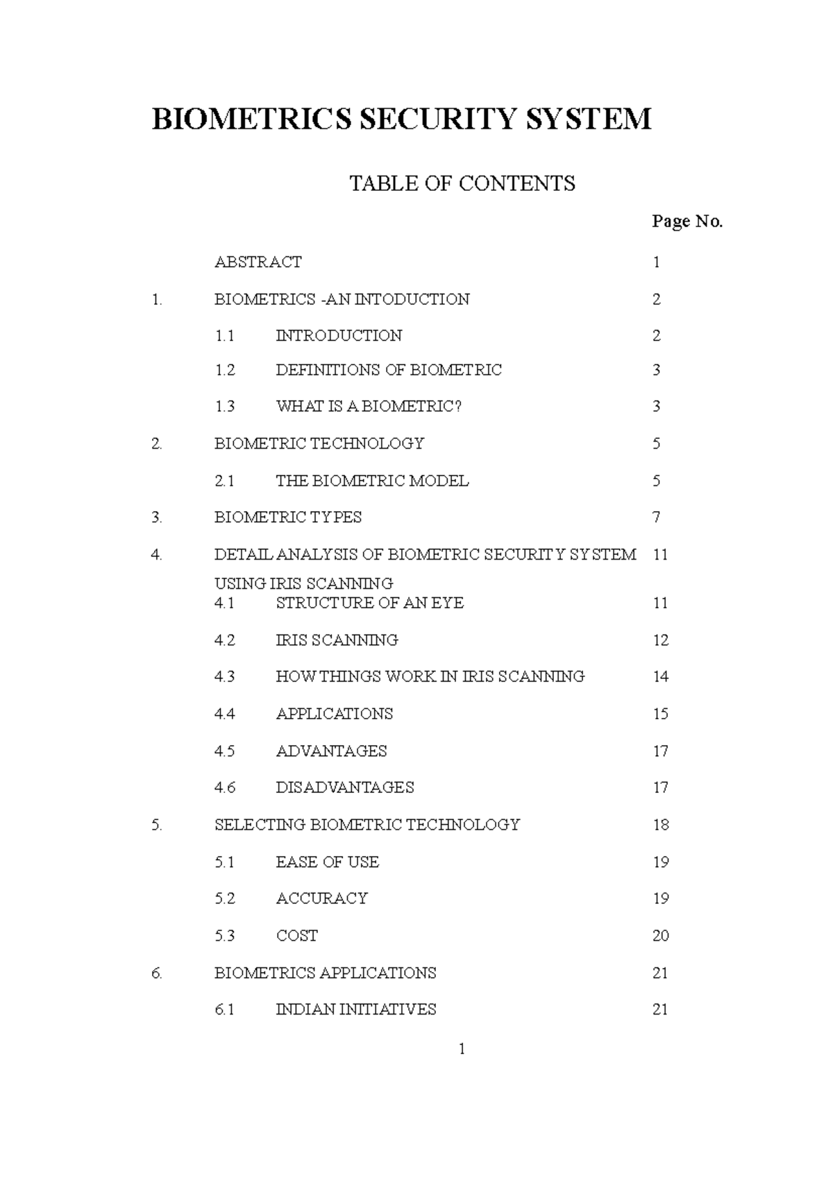 Biometrics Security System Report BIOMETRICS SECURITY SYSTEM TABLE OF