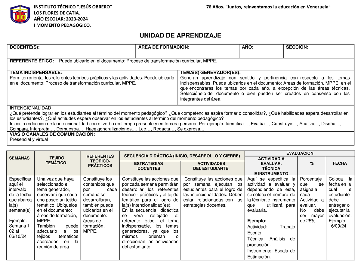 Formato Unidad DE Aprendizaje 2023 - 2024 - INSTITUTO TÉCNICO “JESÚS ...