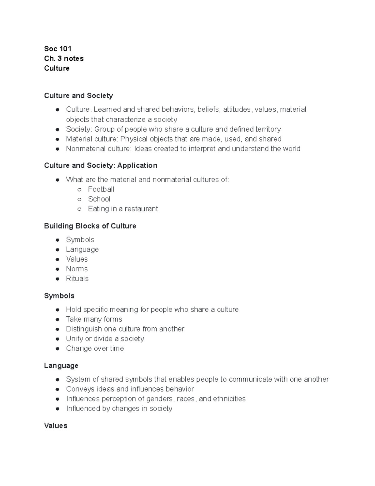 Soc 101 ch. 3 notes - Soc 101 Ch. 3 notes Culture Culture and Society ...