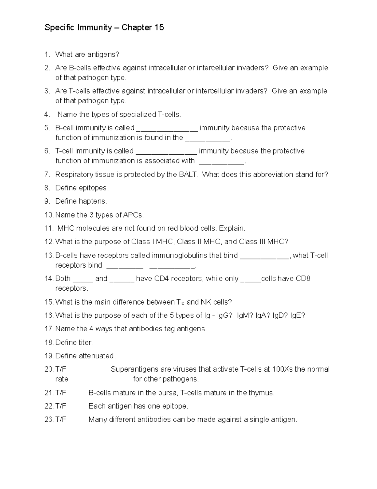 Specific Immunity Worksheet - Ch 15 - Specific Immunity – Chapter 15 ...