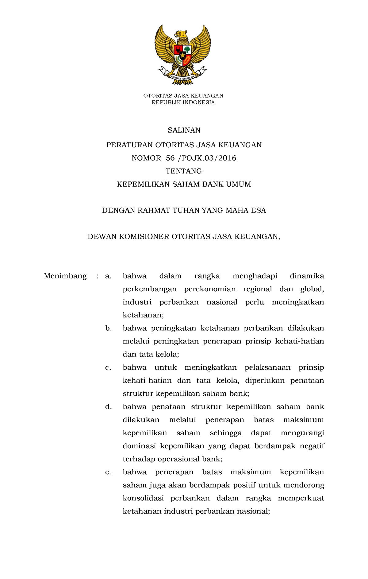 POJK Nomor 56 Tahun 2016 - PERATURAN OTORITAS JASA KEUANGAN NOMOR 56 ...