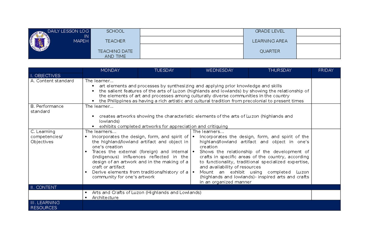 Copy of DLL IN ARTS 7 Q1 WEEK 2 - DAILY LESSON LOG IN MAPEH SCHOOL ...
