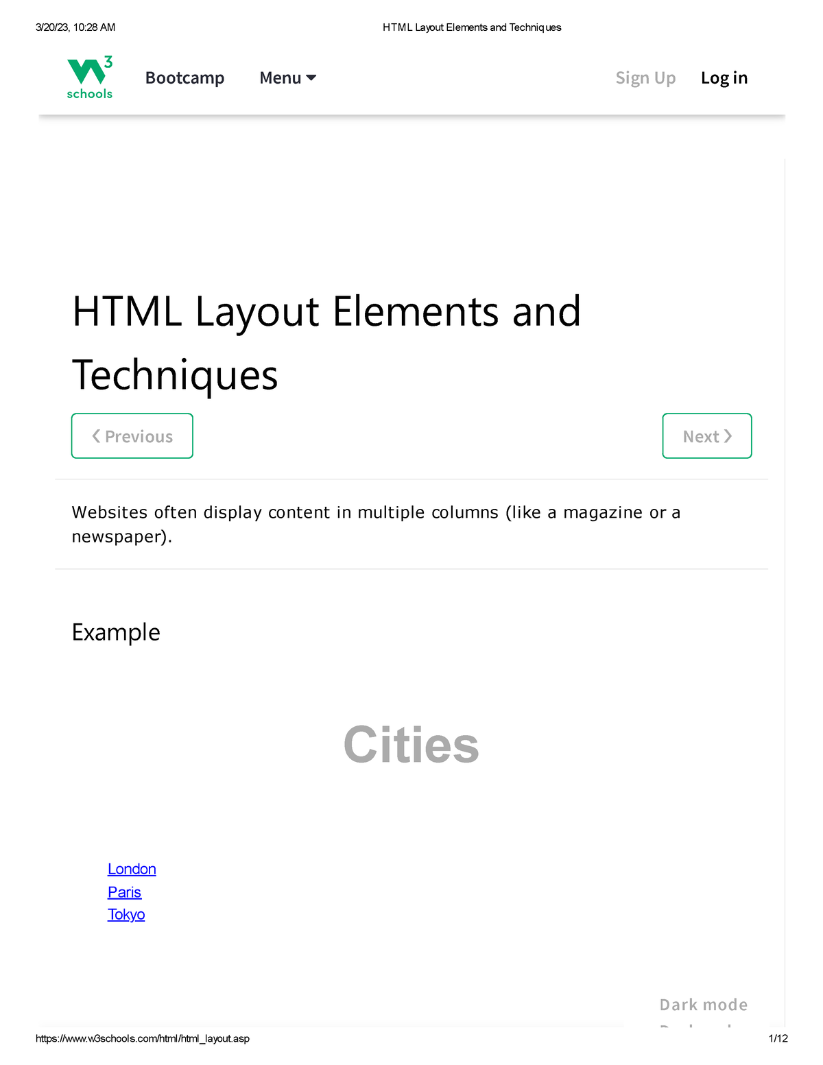 HTML Layout Elements And Techniques - Previous Next London Paris Tokyo ...