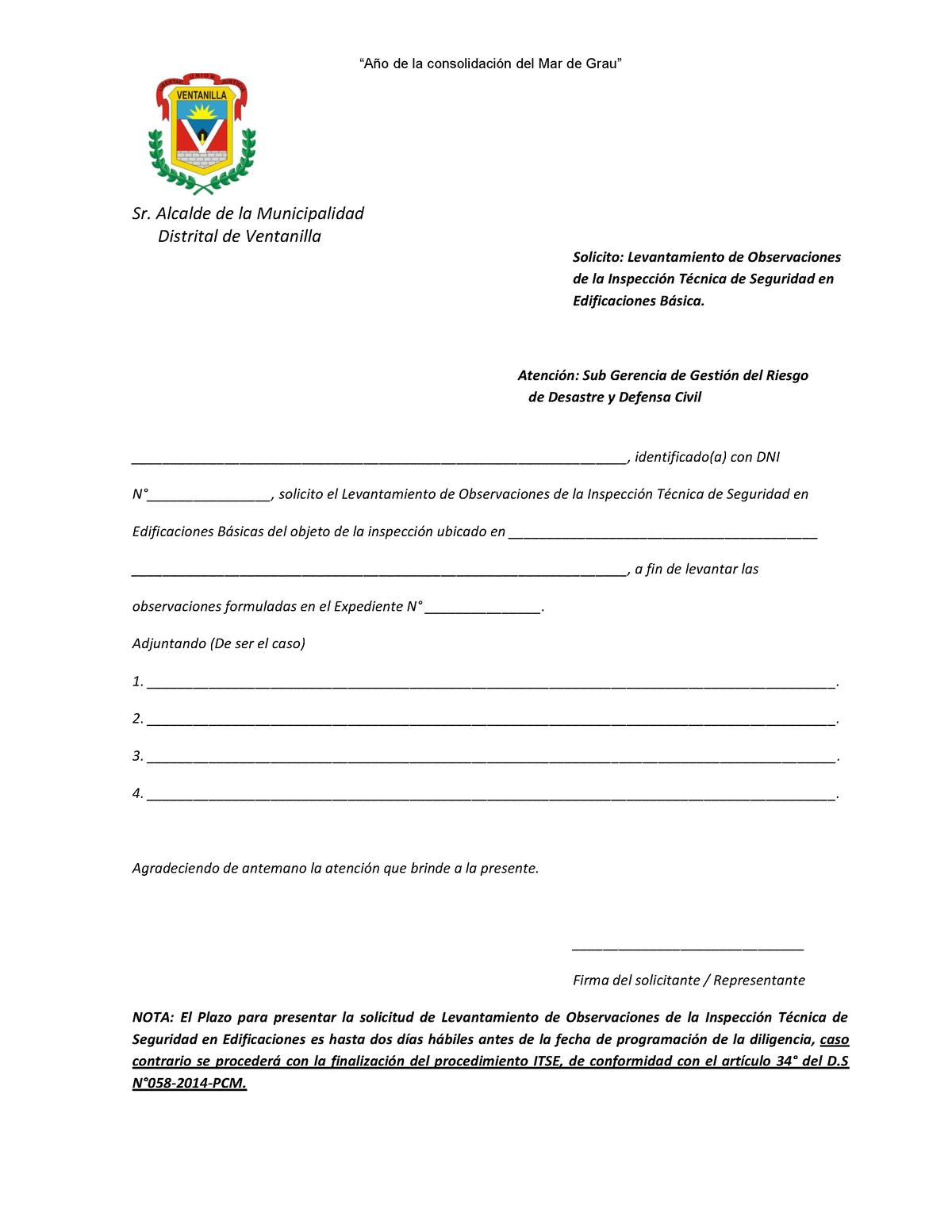  Levantamiento Observaciones Formato - “Año de la consolidación del Mar  de Grau” Sr. Alcalde de - Studocu