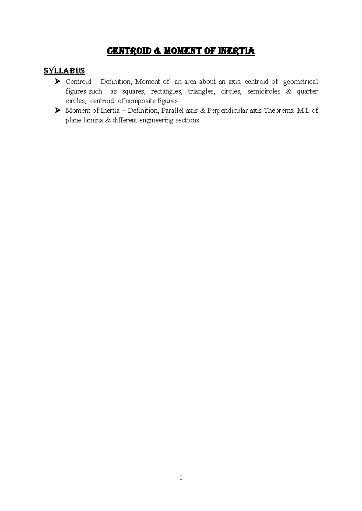 Mechanics 2ND SEM Civil CENTROID & MOMENT OF INERTIA SYLLABUS