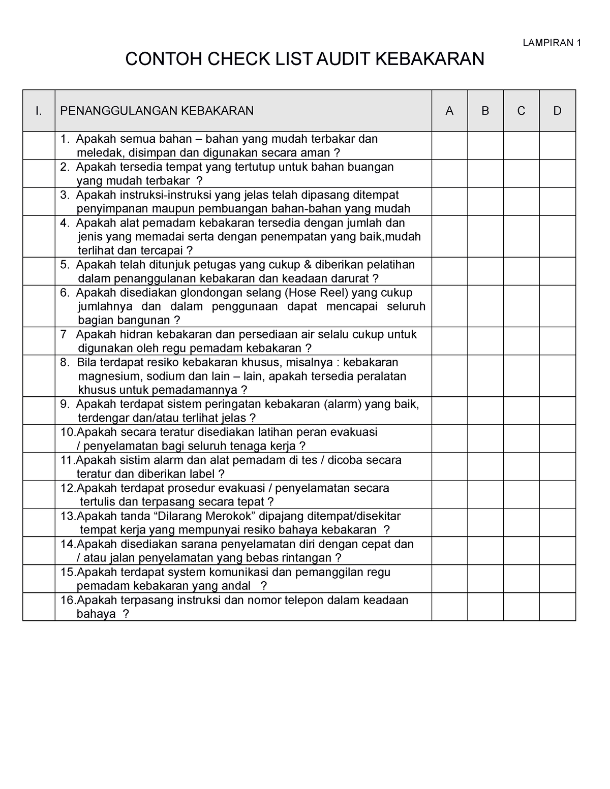 FIRE Safety Audit Checklist - LAMPIRAN 1 CONTOH CHECK LIST AUDIT ...