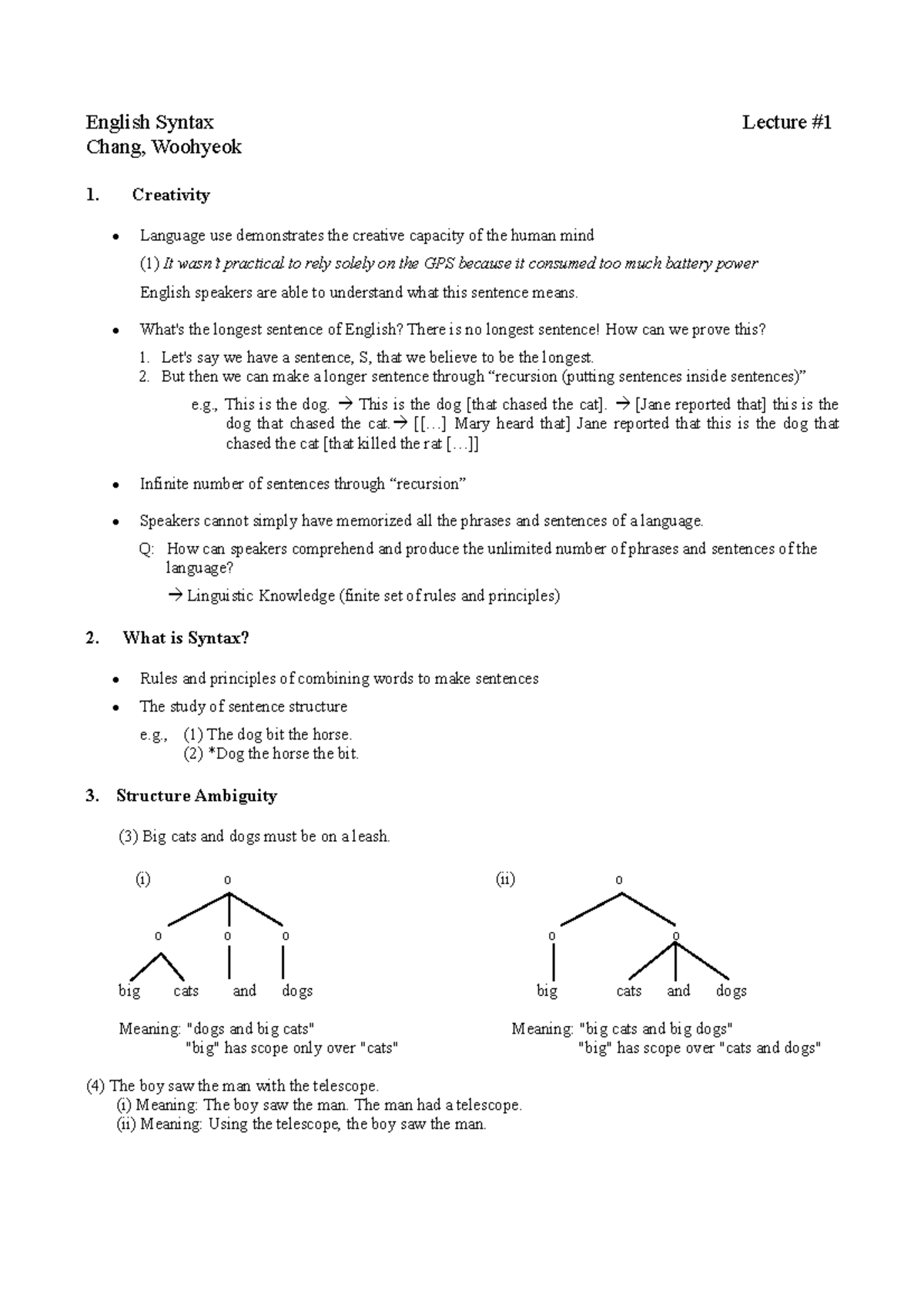 1 - English Syntax - English Syntax Lecture Chang, Woohyeok 1 ...