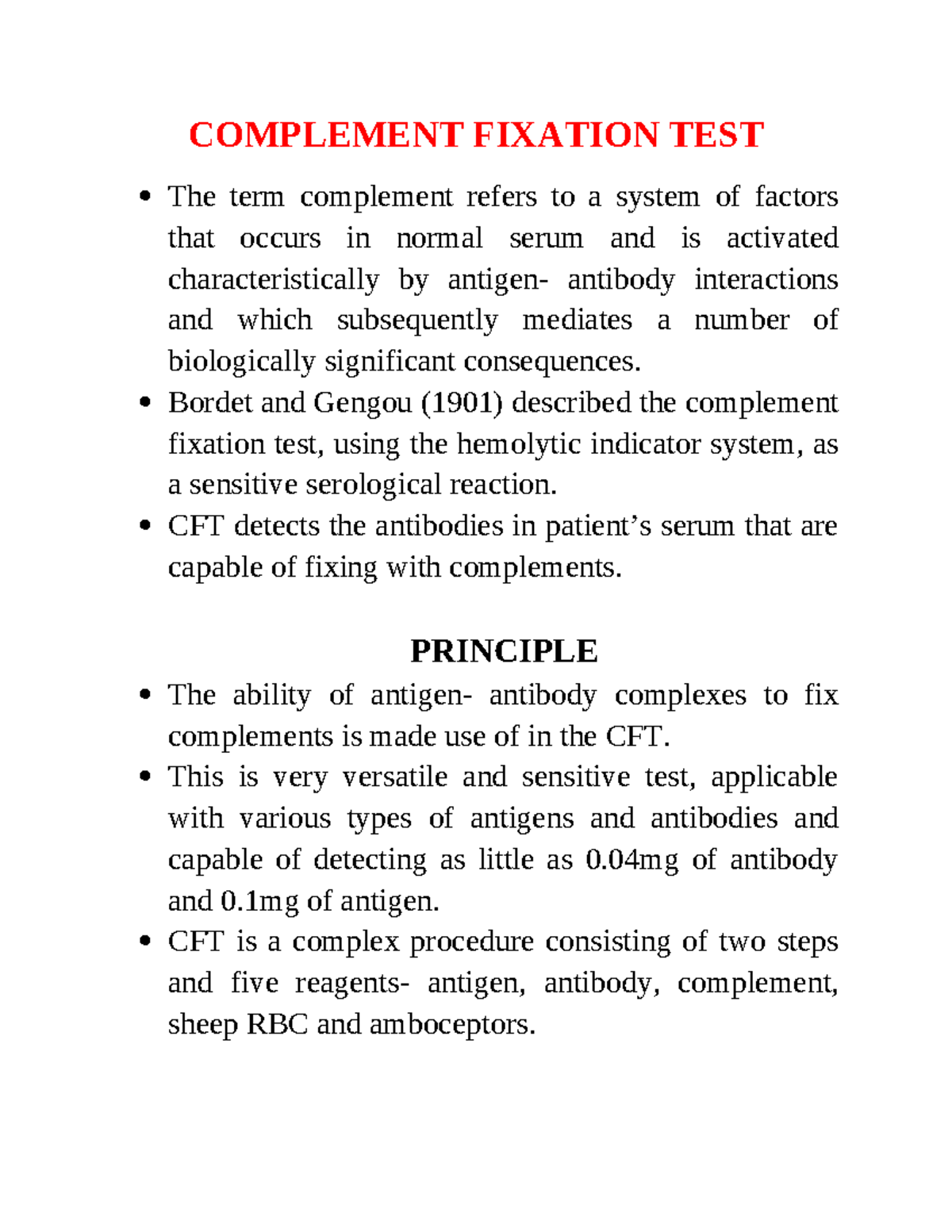 CFT - Cft notes - COMPLEMENT FIXATION TEST The term complement refers ...