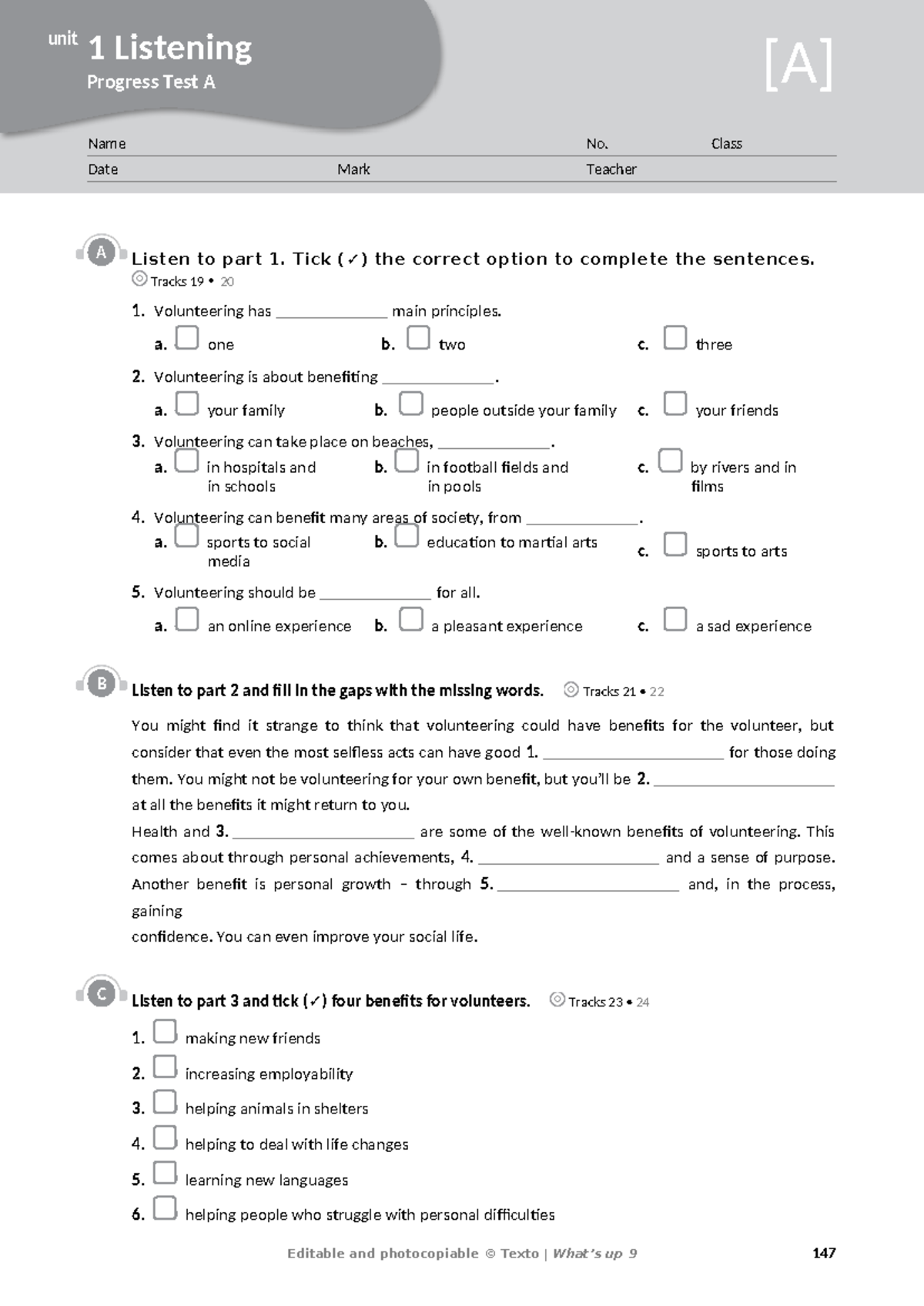 Unit 1, Progress Test [A], pages 147-153 - unit 1 Listening Progress ...