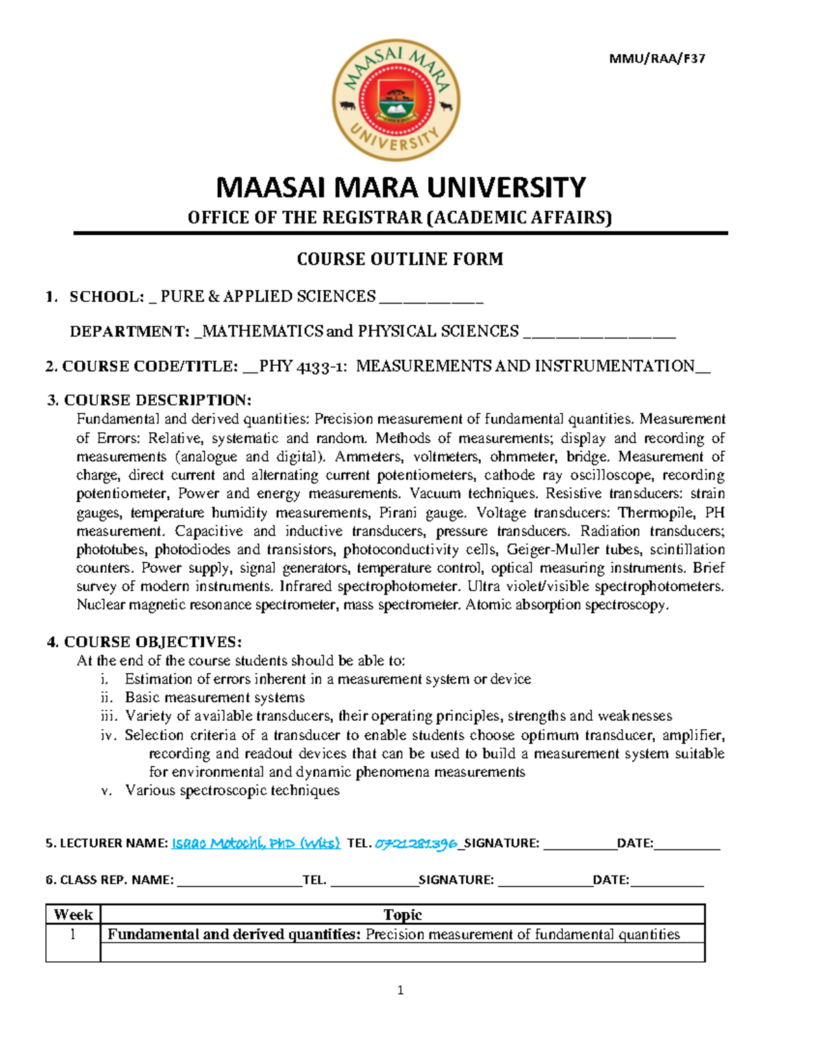 PHY 4133-1 Course outline - MMU/RAA/F 37 1 MAASAI MARA UNIVERSITY ...