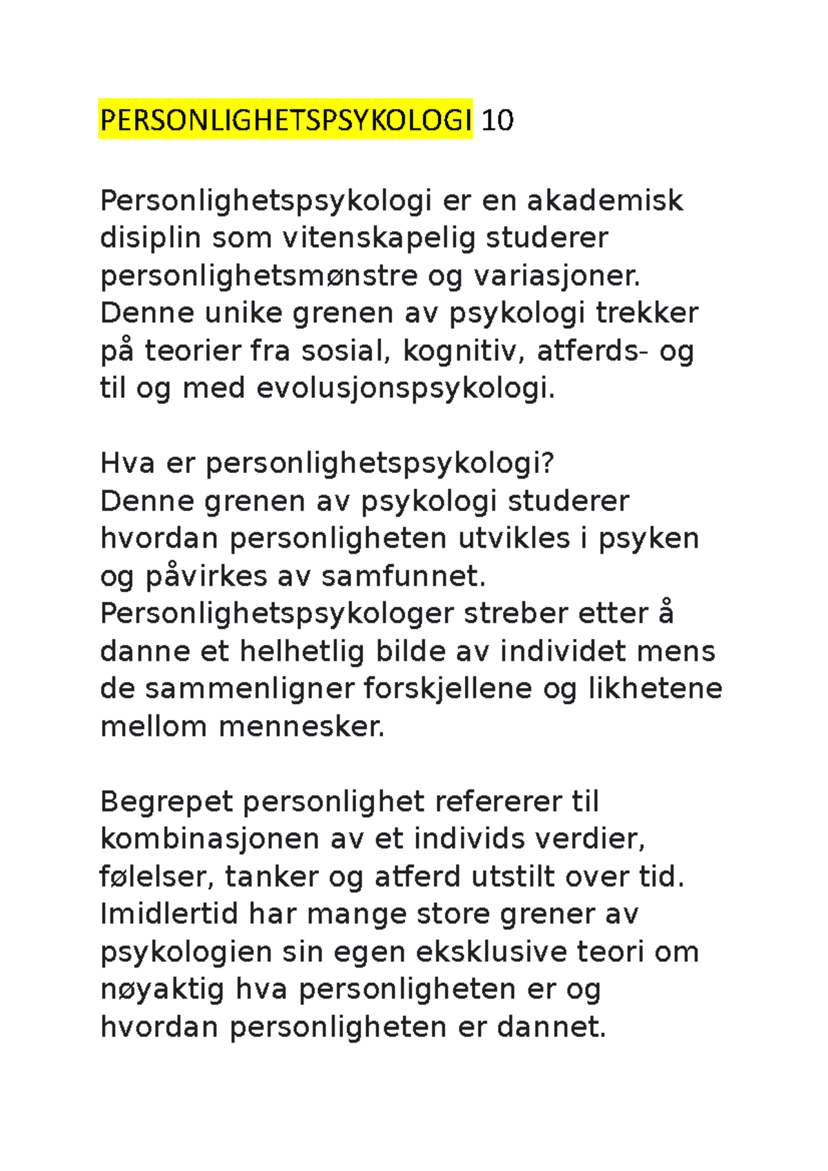 Personlighetspsykologi 10 - Psyk112 - UiB - Studocu