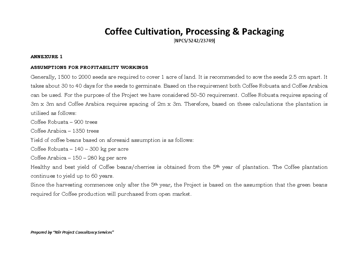 Coffee Cultivation, Processing & Packaging: ASSUMPTIONS FOR ...