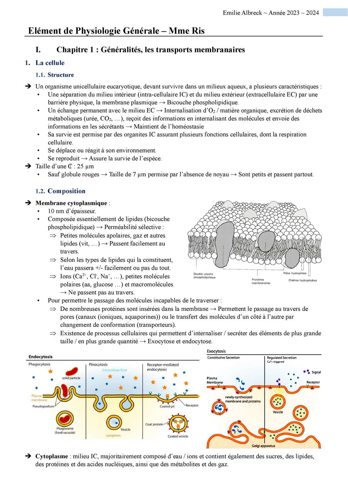 Chapitre 1 - La Cellule Et Les Transports - Elément De Physiologie ...